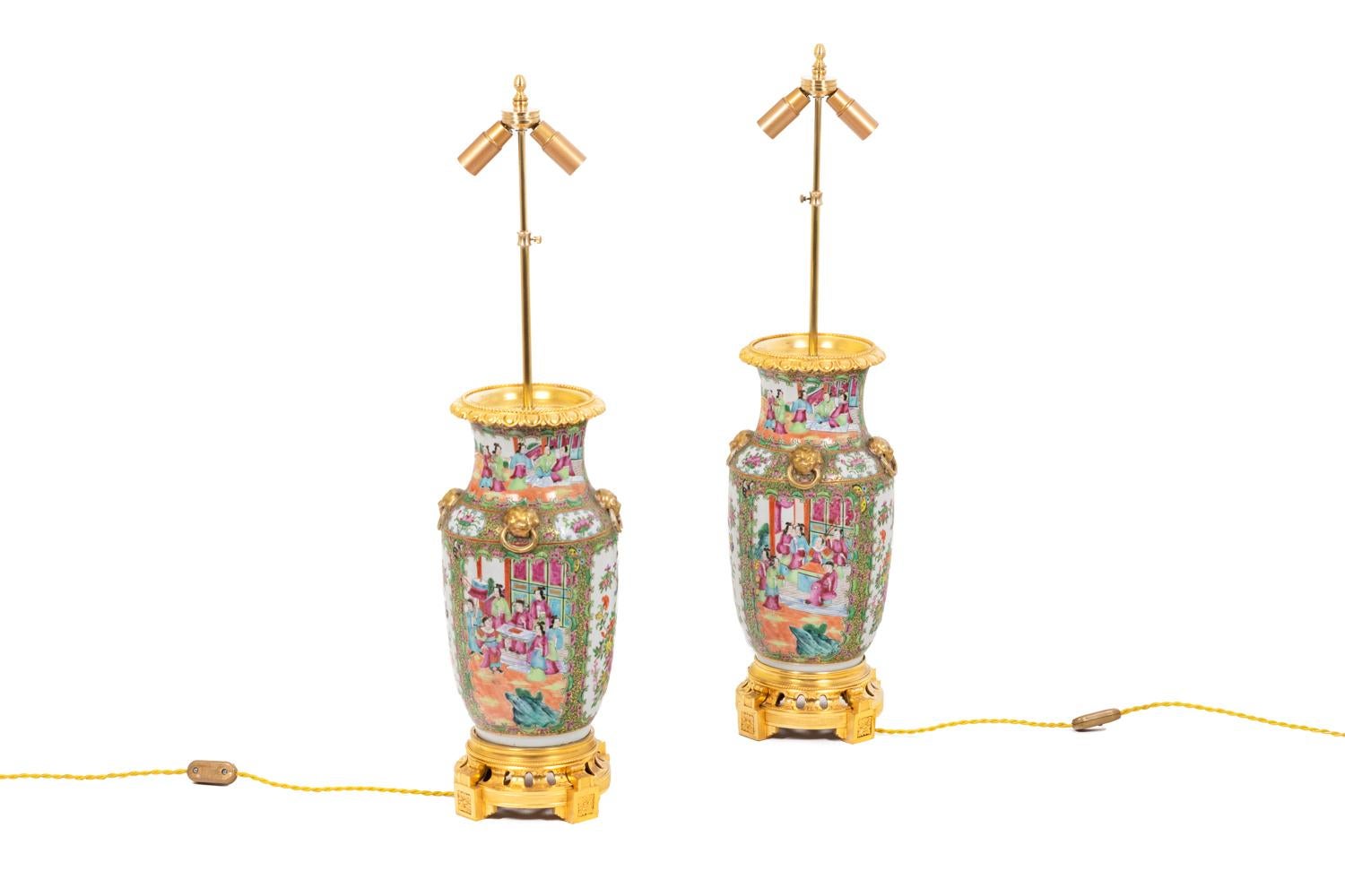 Chinese Export Pair of Lamps in Canton Porcelain, circa 1880