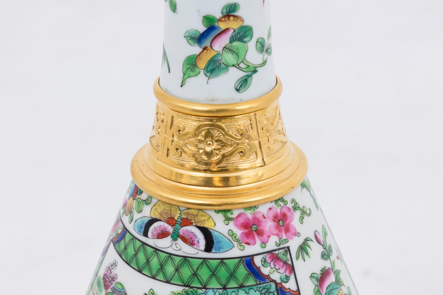 European Pair of Lamps in Canton Porcelain, circa 1880 For Sale