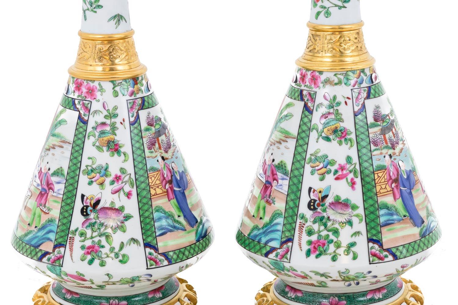 Pair of Lamps in Canton Porcelain, circa 1880 For Sale 2