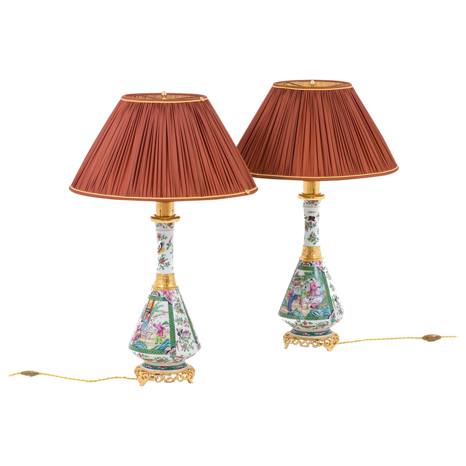 Pair of Lamps in Canton Porcelain, circa 1880 For Sale