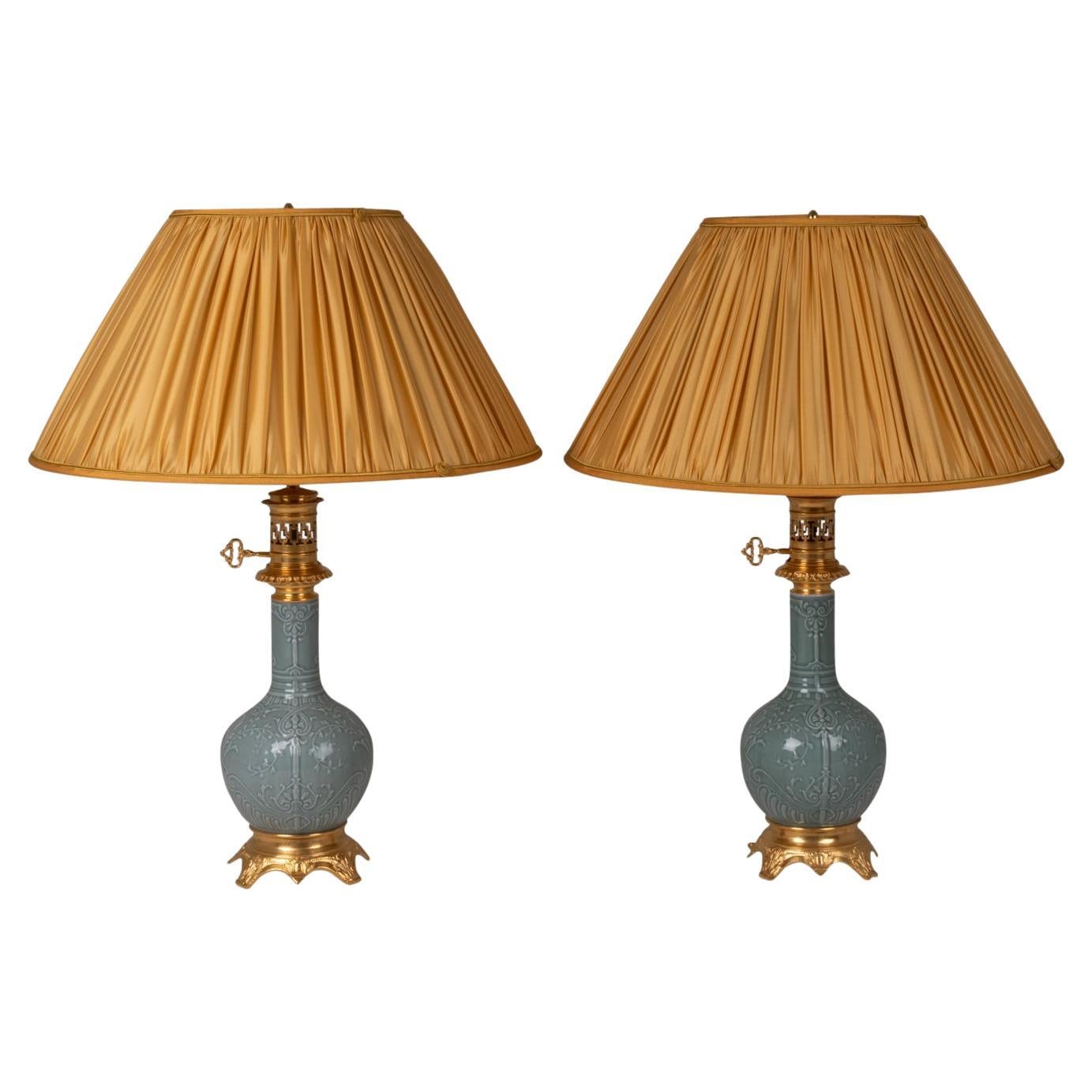 Pair of Lamps in Celadon Porcelain and Bronze, circa 1880 For Sale