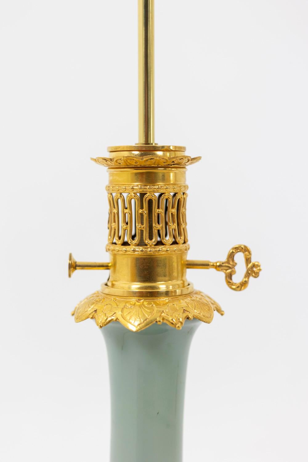 19th Century Pair of Lamps in Céladon Porcelain and Gilt Bronze, circa 1880 For Sale