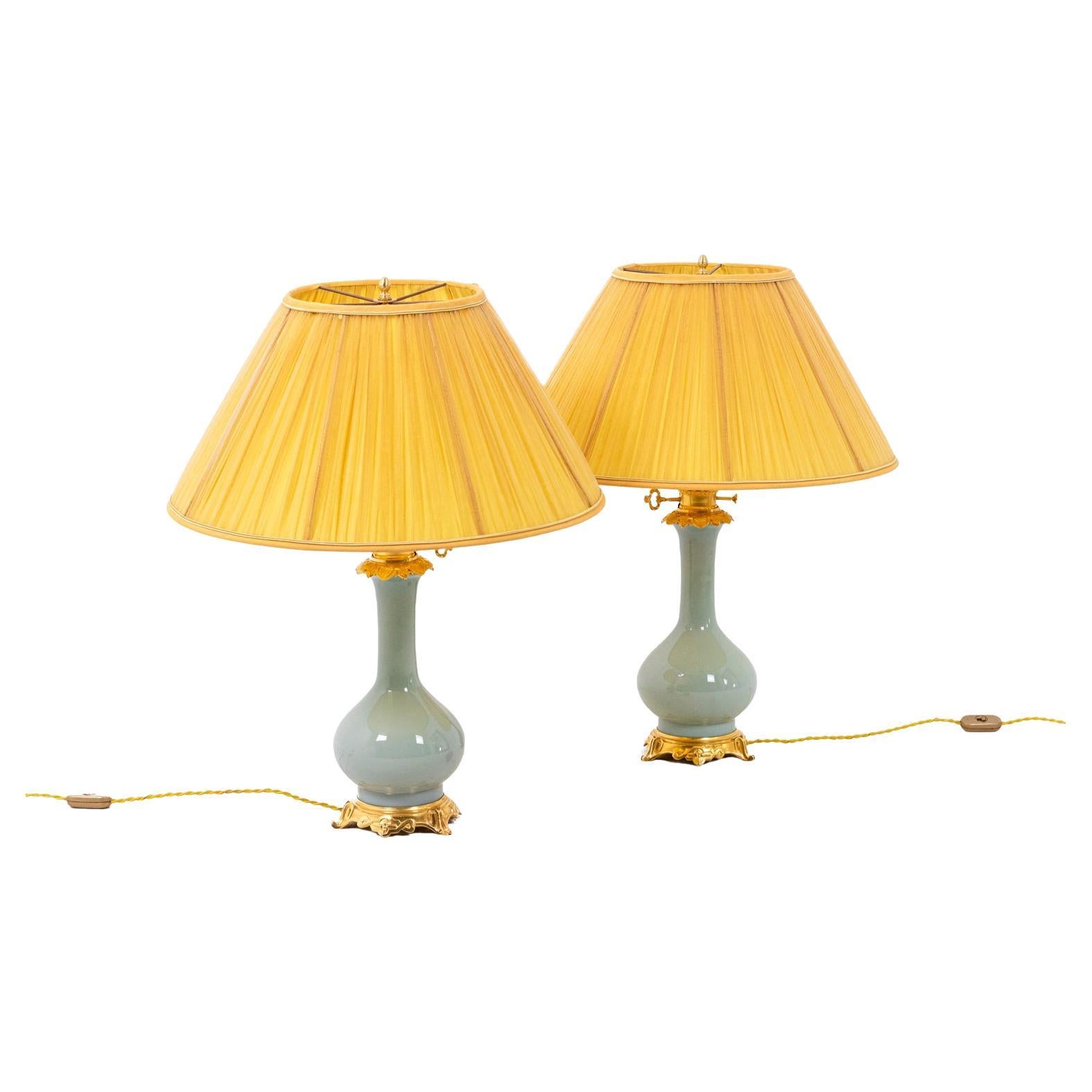 Pair of Lamps in Céladon Porcelain and Gilt Bronze, circa 1880 For Sale