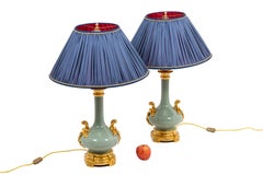 Pair of Lamps in Celadon Porcelain and Gilt Bronze, Napoleon III Era