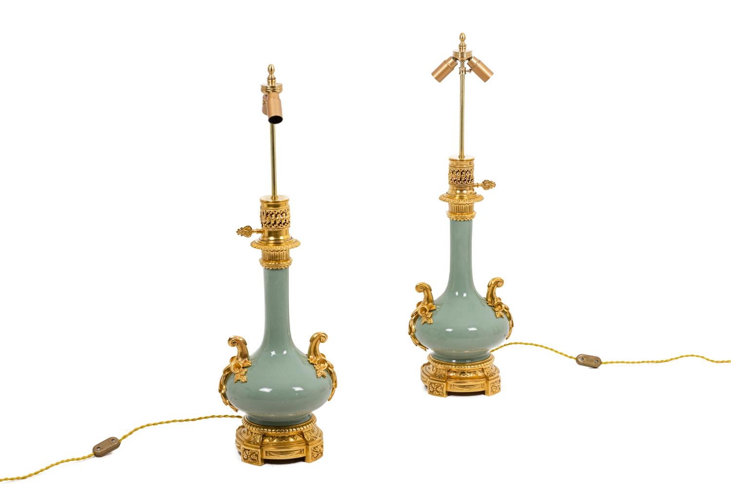 European Pair of Lamps in Celadon Porcelain and Gilt Bronze, Napoleon III Era