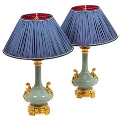 Antique Pair of Lamps in Celadon Porcelain and Gilt Bronze, Napoleon III Era