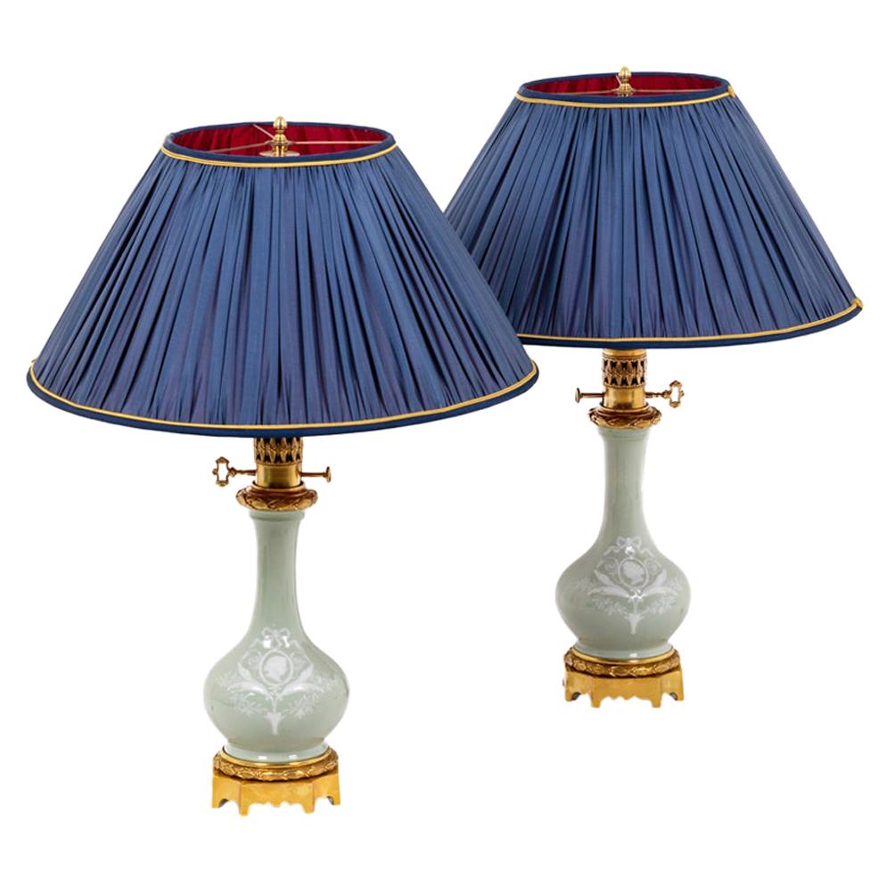 Pair of Lamps in Celadon Porcelain, circa 1880 For Sale