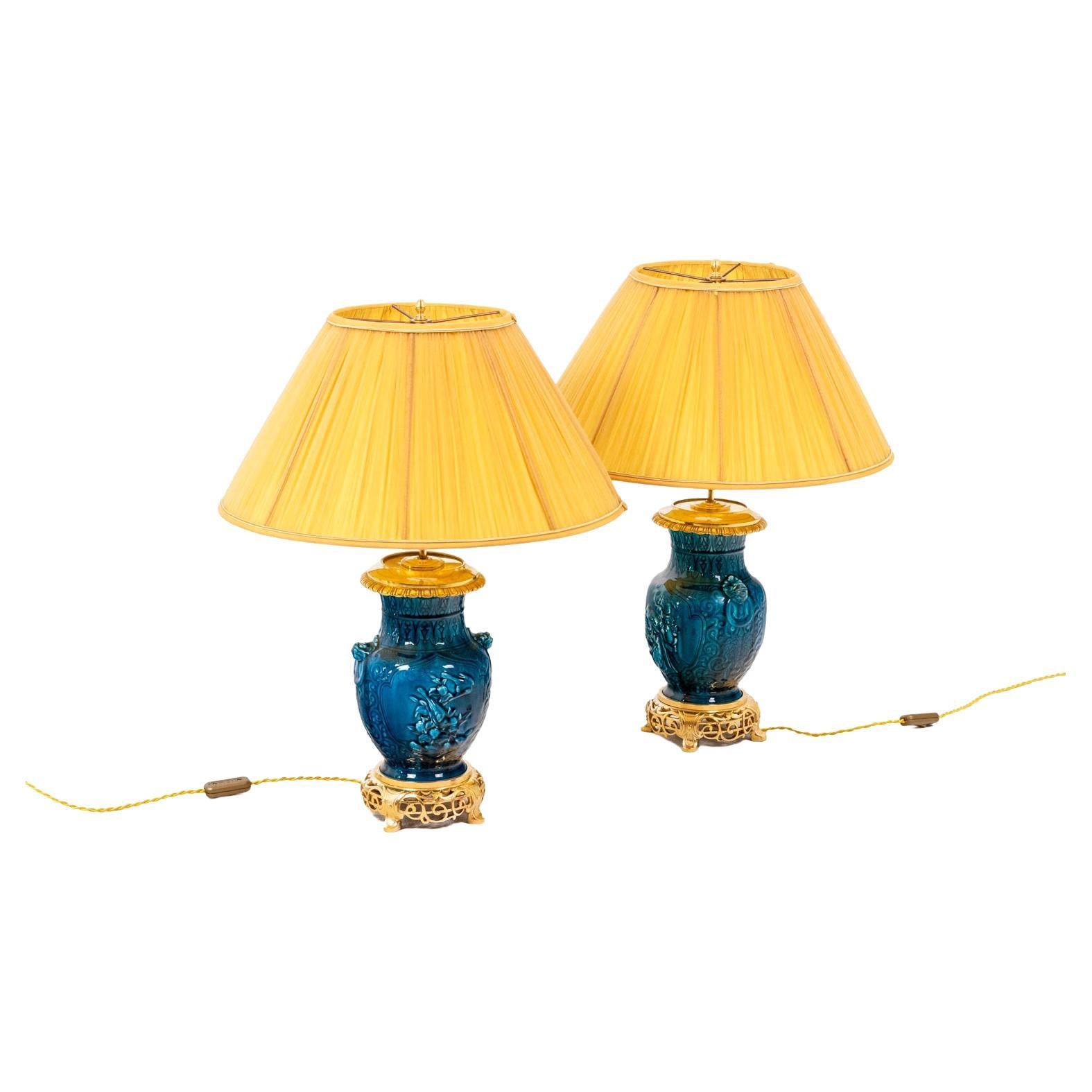 Pair of Lamps in Ceramic and Bronze, circa 1880 For Sale