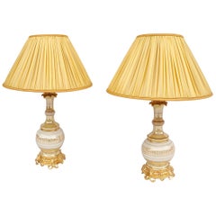 Pair of Lamps in Cream and Gold Iridiscent Porcelain, 19th Century