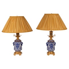Pair of Lamps in Delft Earthenware and Bronze, circa 1880