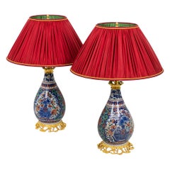 Antique Pair of Lamps in Delftware and Gilt Bronze, circa 1880