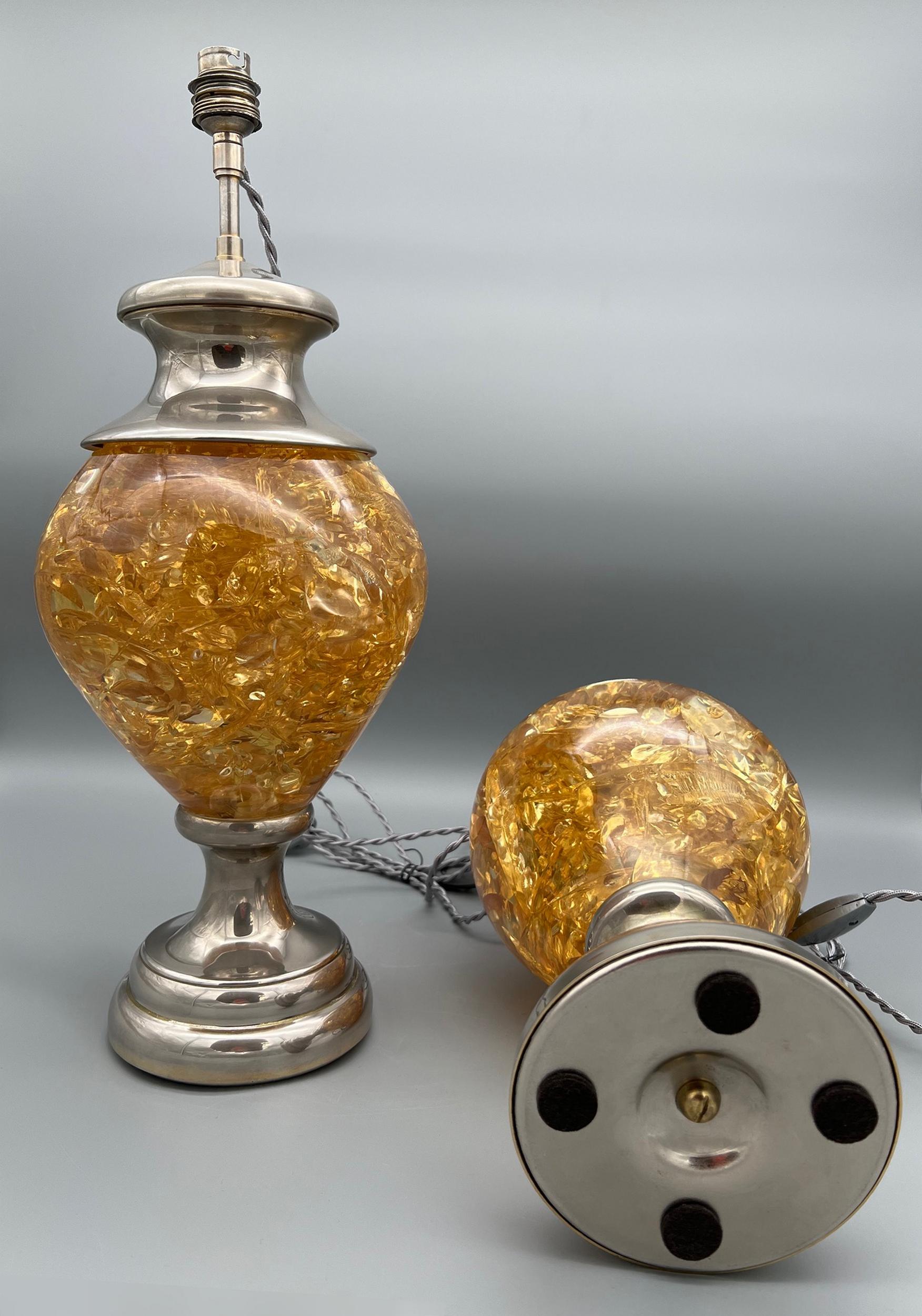 Pareja de lámparas de resina fractal y metal niquelado, Francia, hacia 1970 Francés en venta