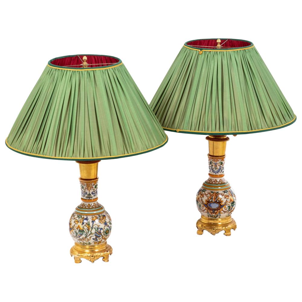 Pair of Lamps in Gien Porcelain, 19th Century