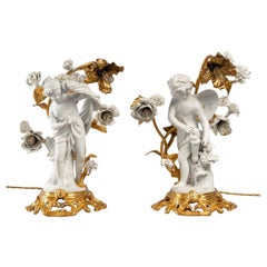 Pair of Lamps in Gilt Bronze and Biscuit of Sevres End 19th Century