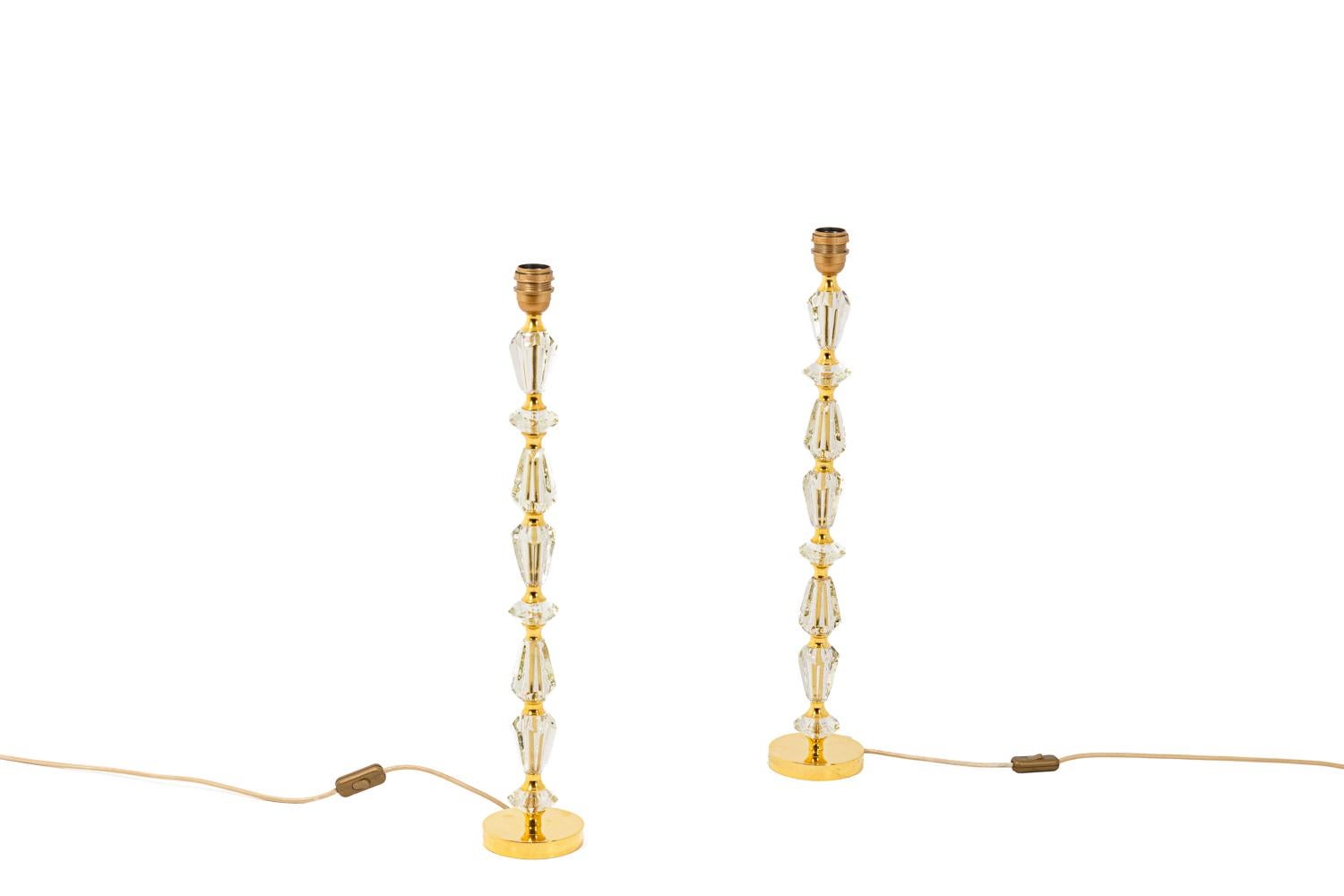 Lampenpaar aus Glas und vergoldeter Bronze, 1940er Jahre (Moderne) im Angebot
