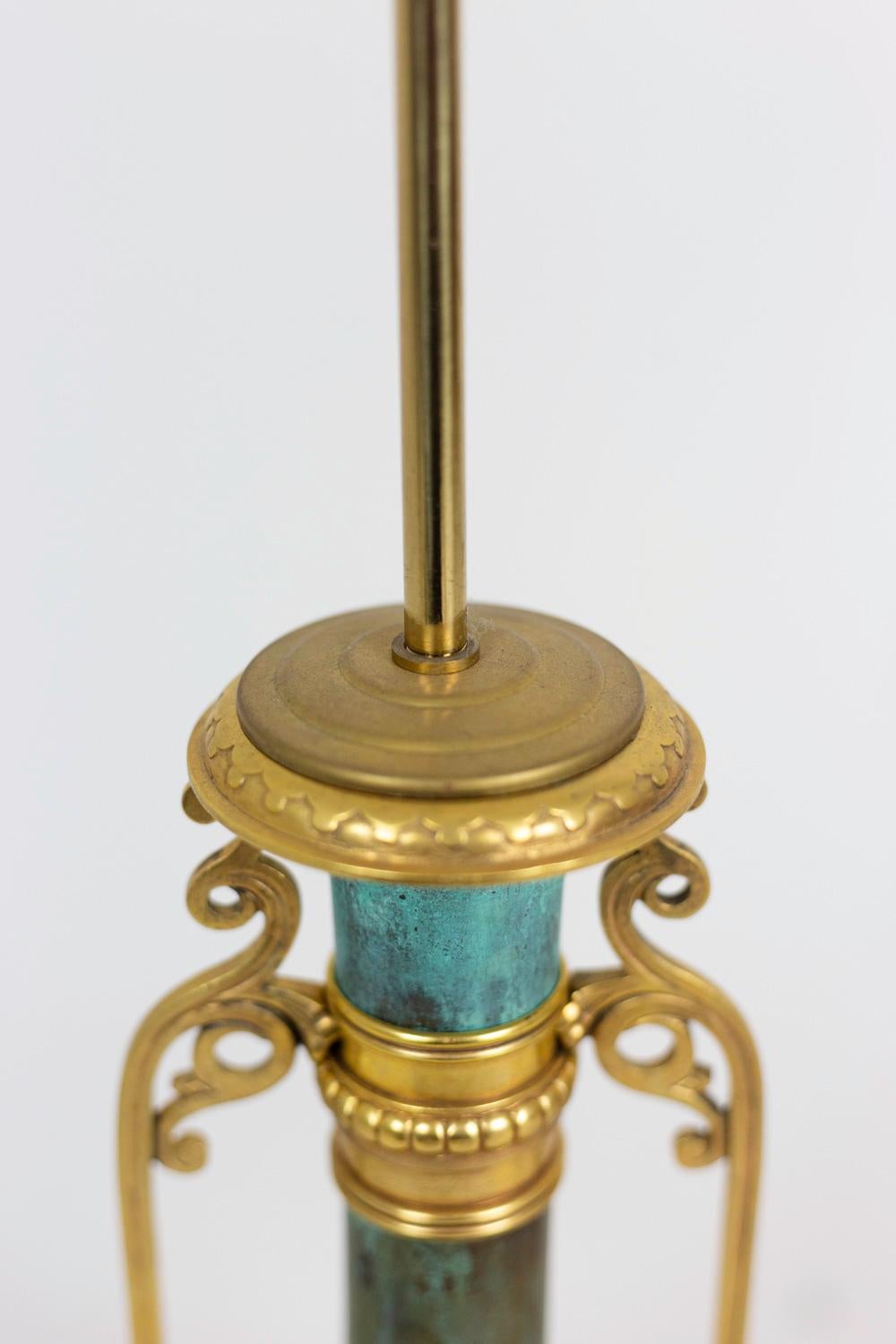 European Pair of Lamps in Green Patinated and Gilt Brass, circa 1880