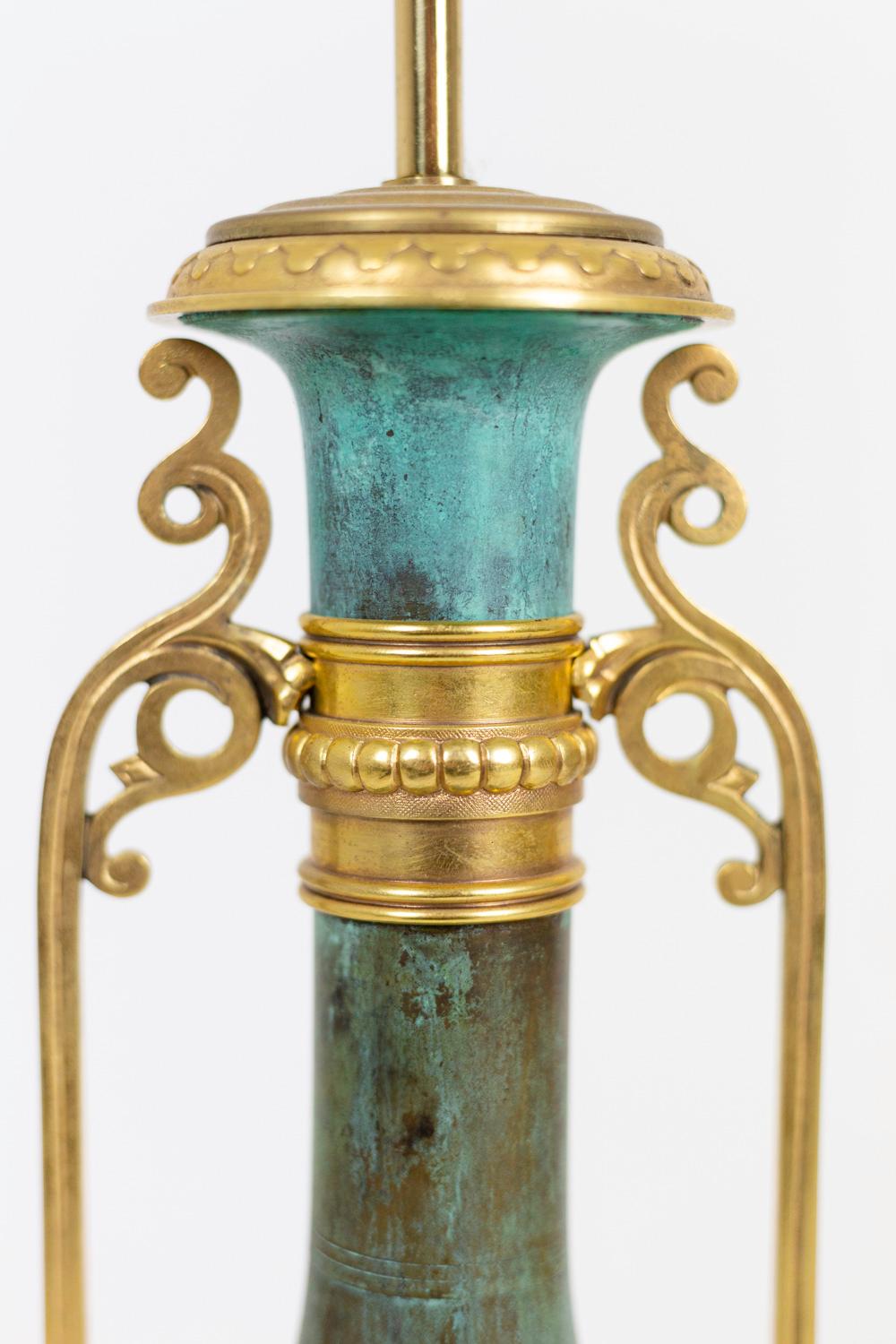 Pair of Lamps in Green Patinated and Gilt Brass, circa 1880 In Good Condition In Saint-Ouen, FR