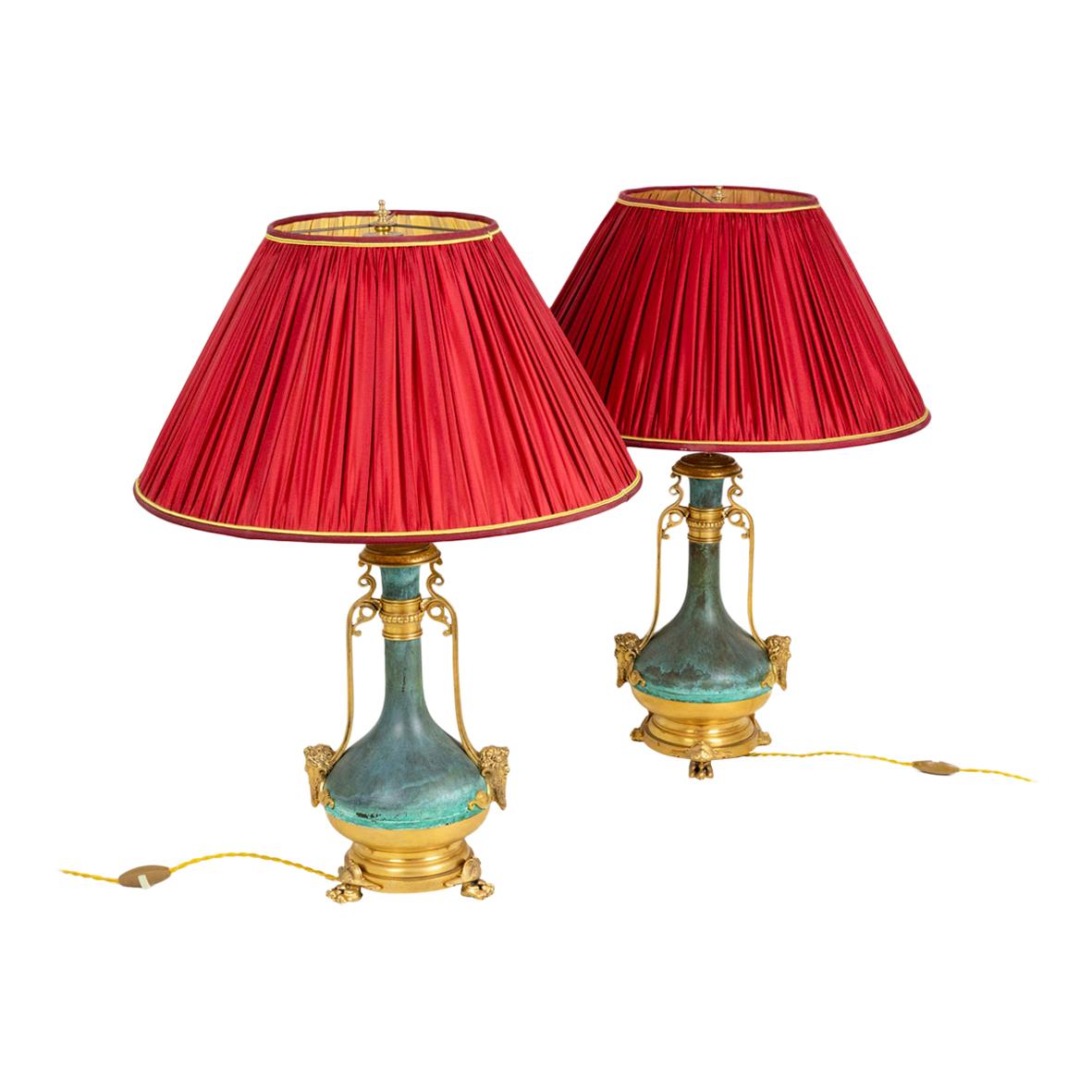 Pair of Lamps in Green Patinated and Gilt Brass, circa 1880