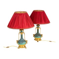 Pair of Lamps in Green Patinated and Gilt Brass, circa 1880