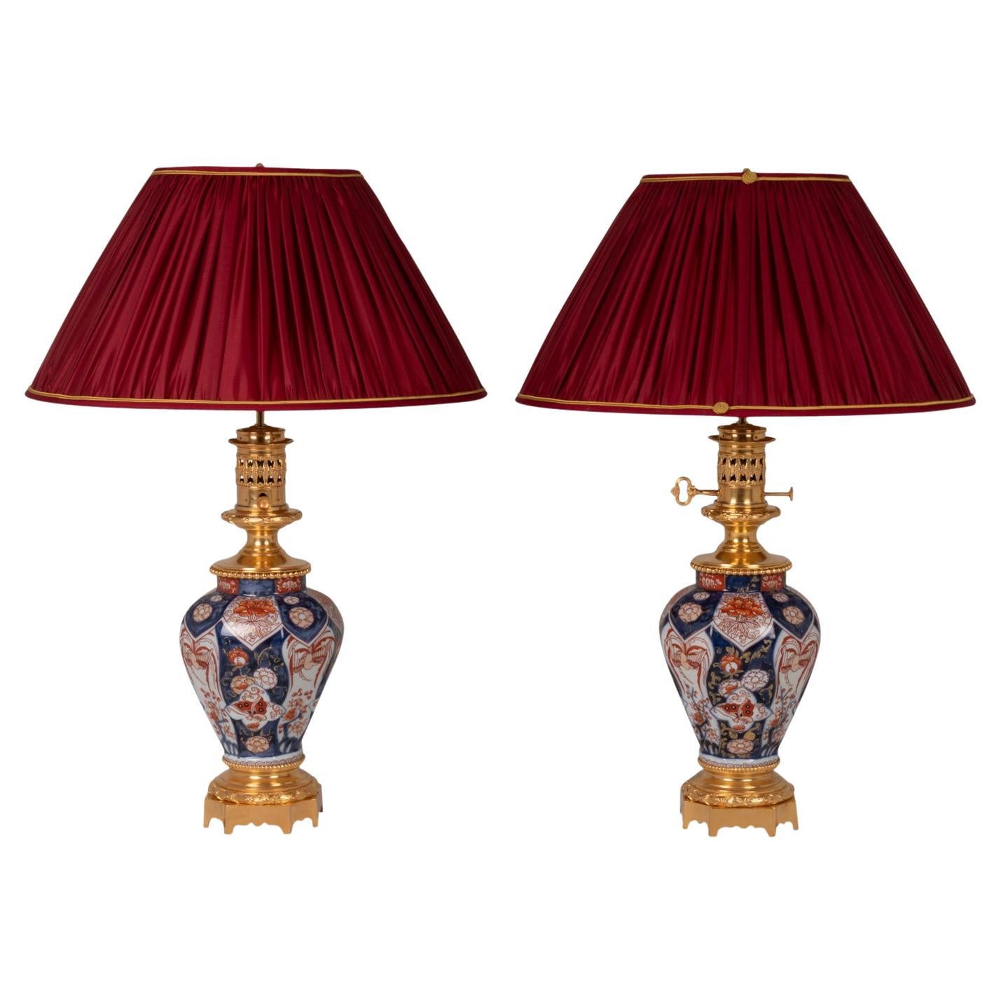 Pair of Lamps in Imari Porcelain and Bronze, circa 1880