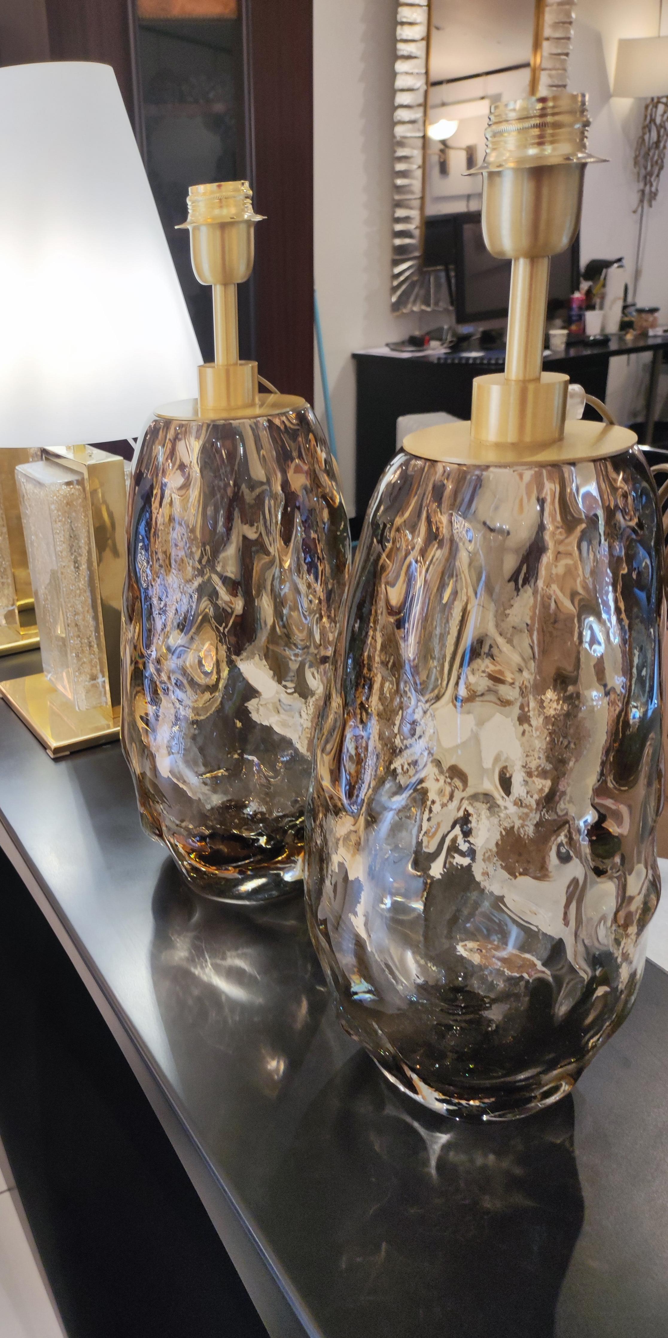 Modern Pair of Lamps in Light Brown/Smoked Murano Glass