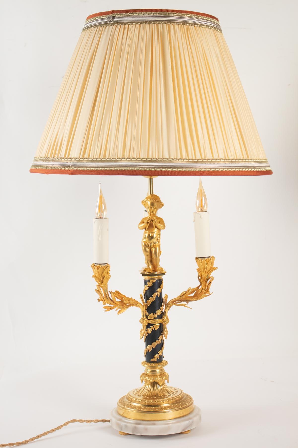 French Pair of Lamps in Love, 3 Lights, Gilt Bronze, Patinated, Louis XVI Style