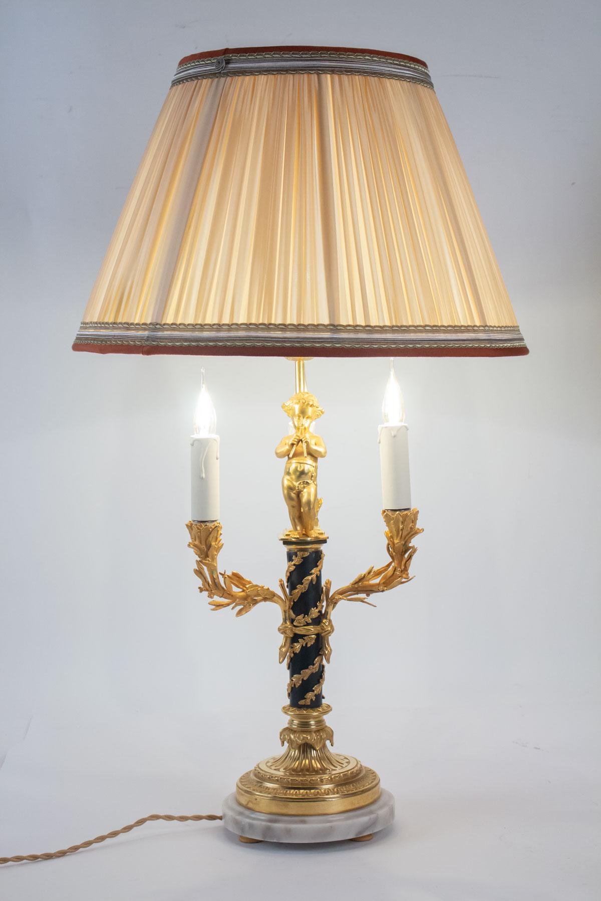 Pair of Lamps in Love, 3 Lights, Gilt Bronze, Patinated, Louis XVI Style In Excellent Condition In Saint-Ouen, FR