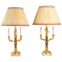 Antique Pair of Lamps in Love, 3 Lights, Gilt Bronze, Patinated, Louis XVI Style