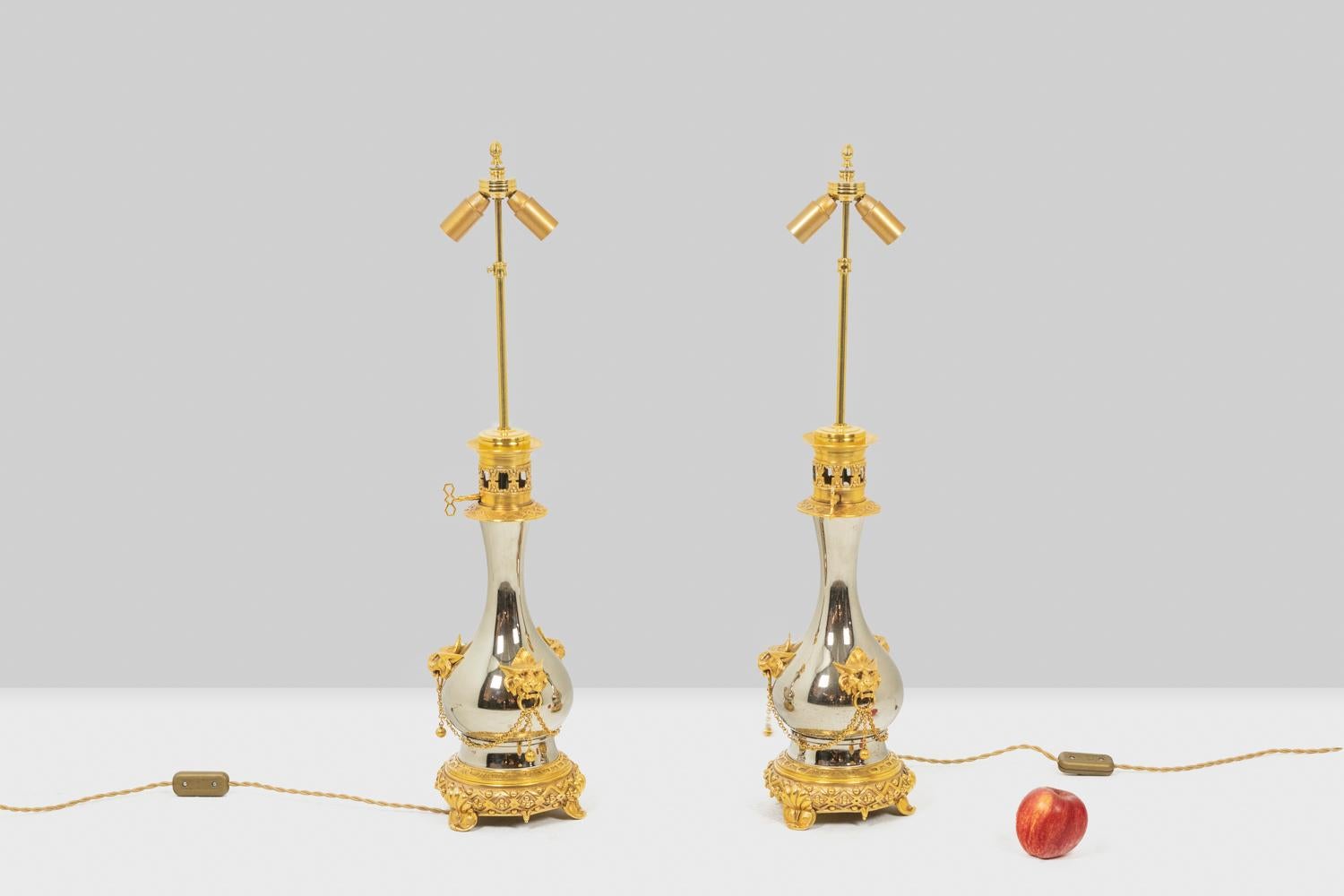 Pair of lamps in metal and gilded bronze, circa 1880 For Sale 1