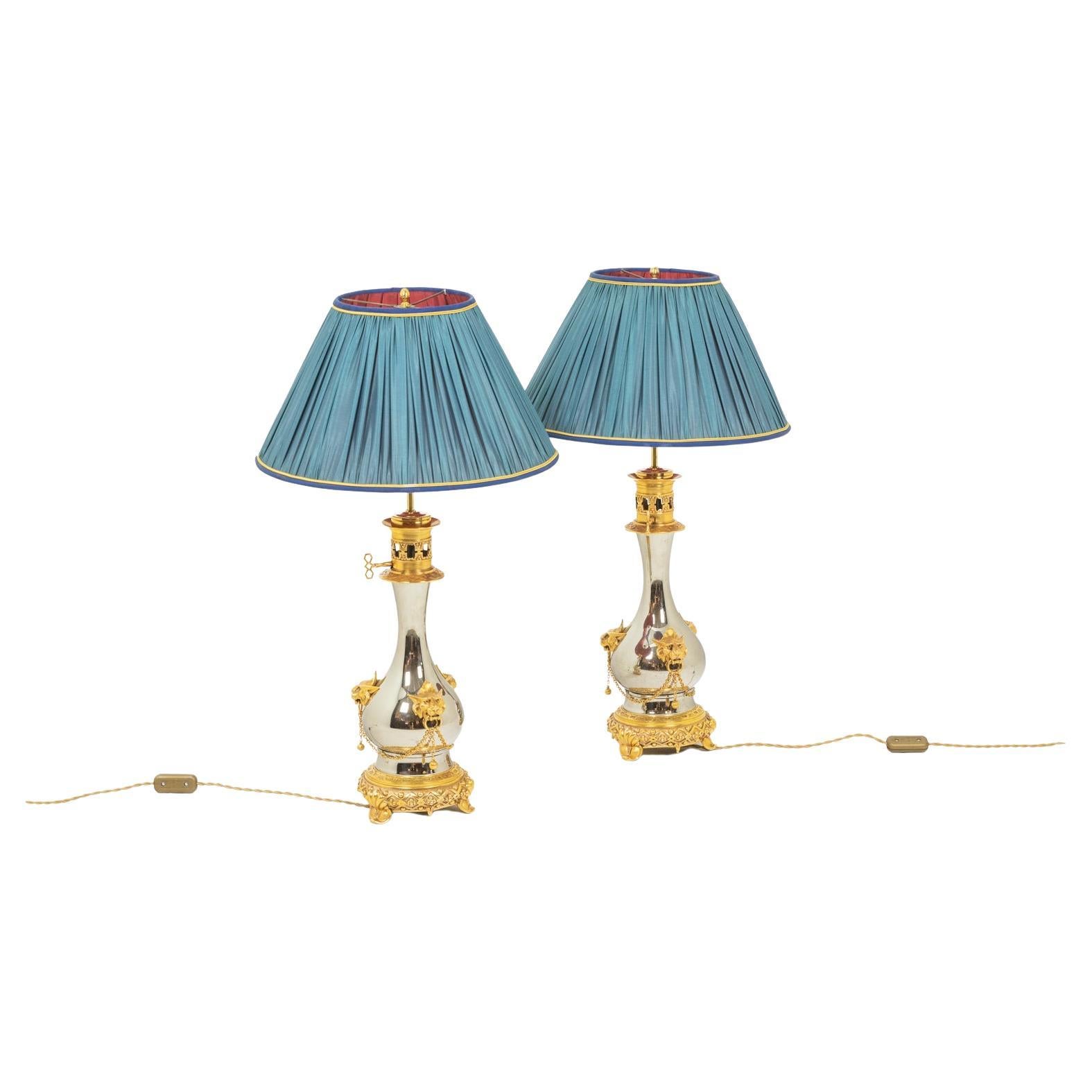 Pair of lamps in metal and gilded bronze, circa 1880 For Sale
