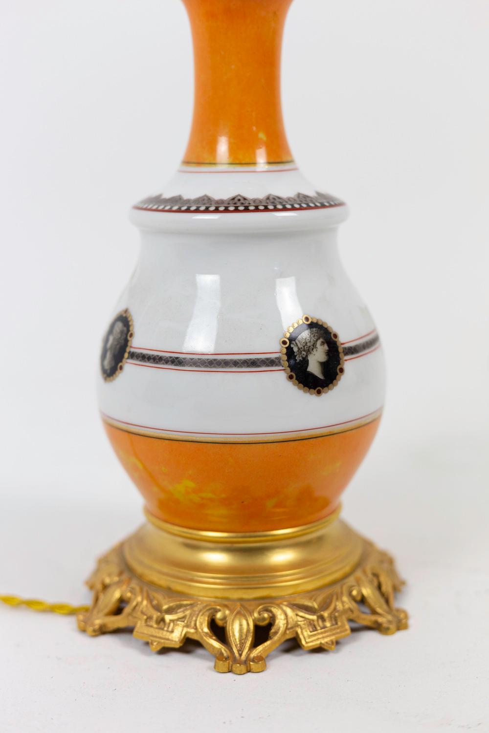 Gilt Pair of Lamps in Orange and White Porcelain, circa 1880 For Sale