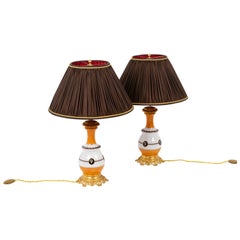 Antique Pair of Lamps in Orange and White Porcelain, circa 1880