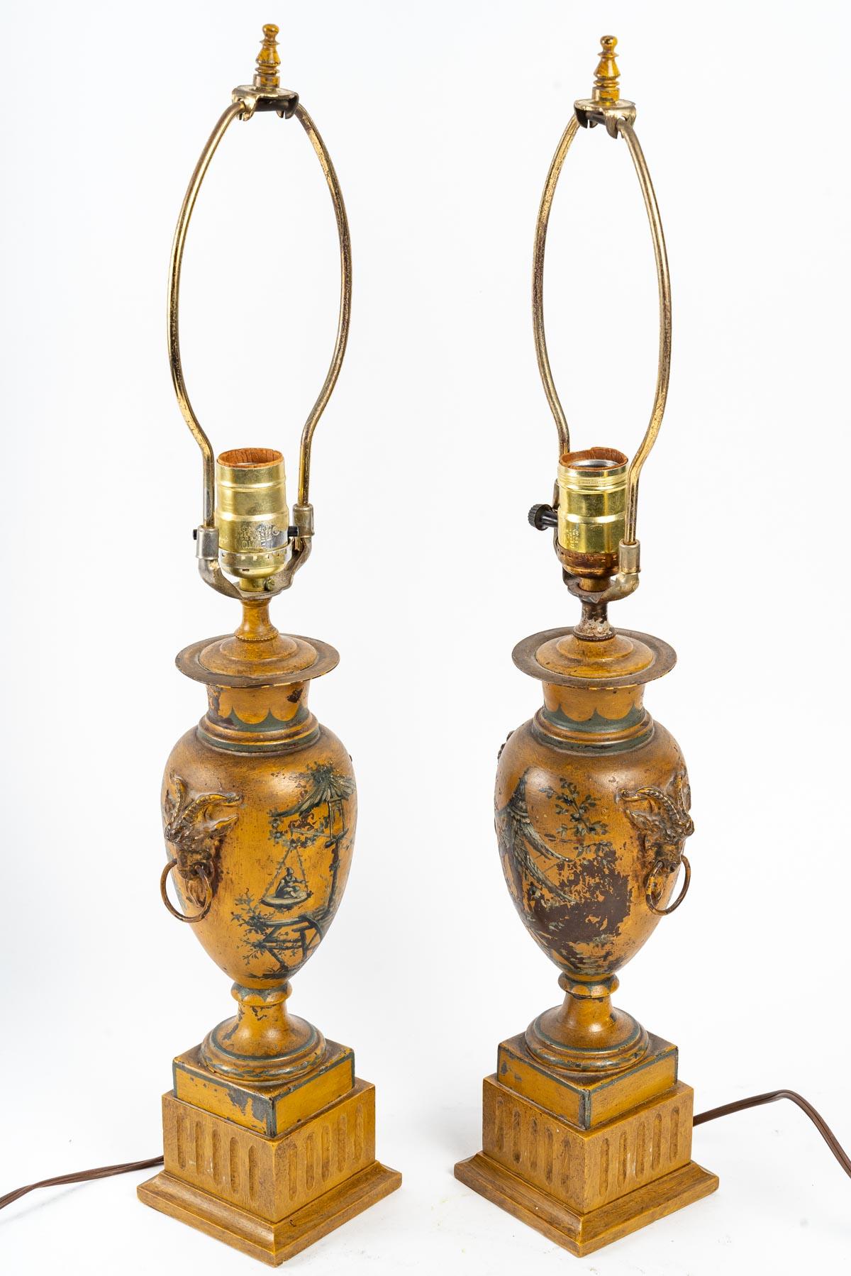 Paar Lampen aus bemaltem Blech, 19. Jahrhundert (Metall) im Angebot