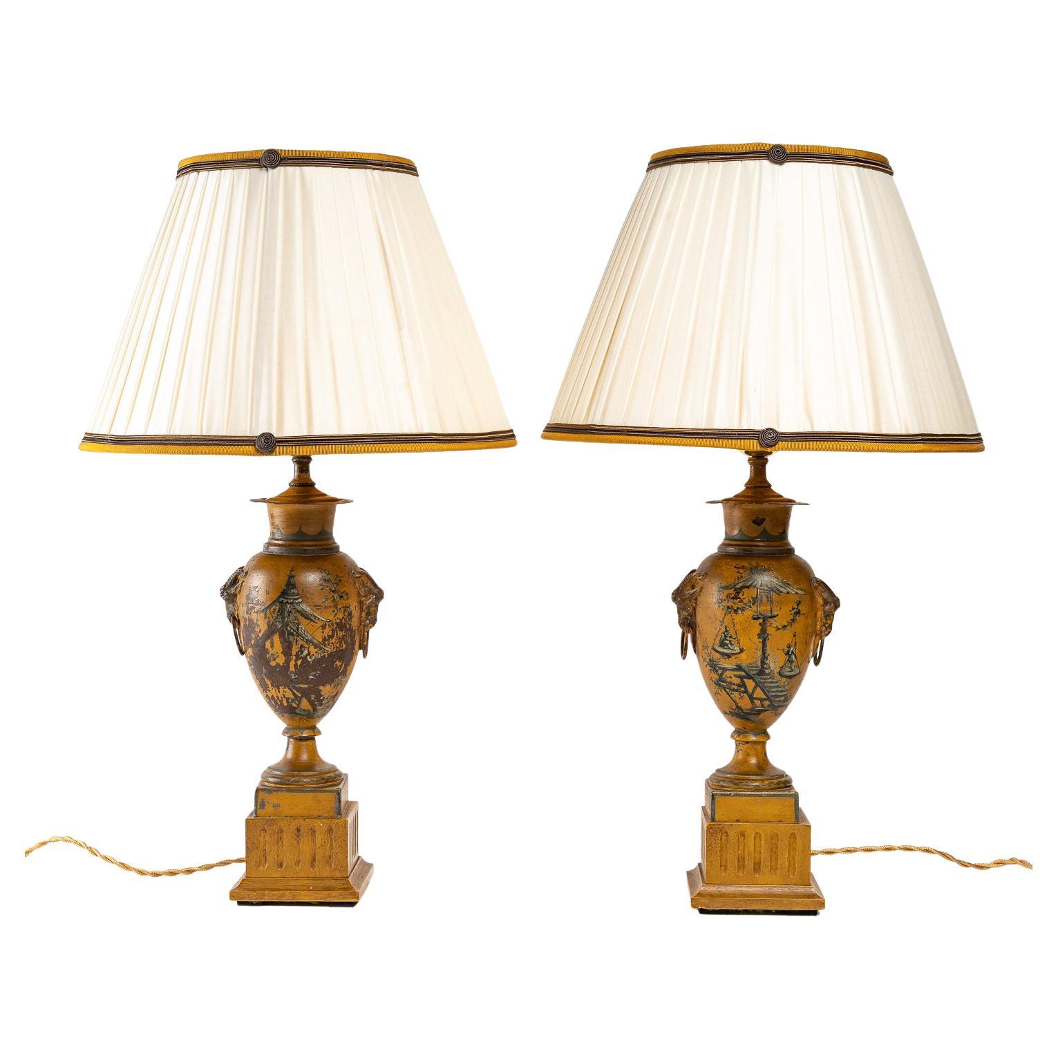 Pair of Lamps in Painted Sheet Metal, 19th Century For Sale