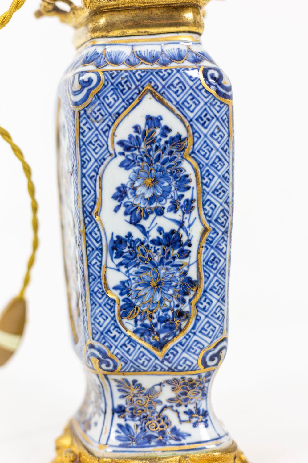 Pair of Lamps in Porcelain Blue White and Gilt Bronze, circa 1880 6