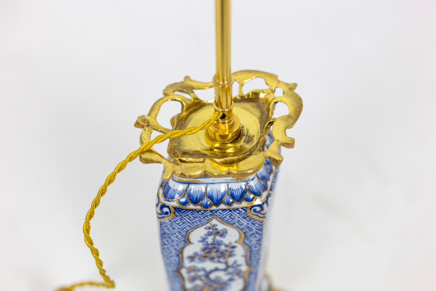 Asian Pair of Lamps in Porcelain Blue White and Gilt Bronze, circa 1880