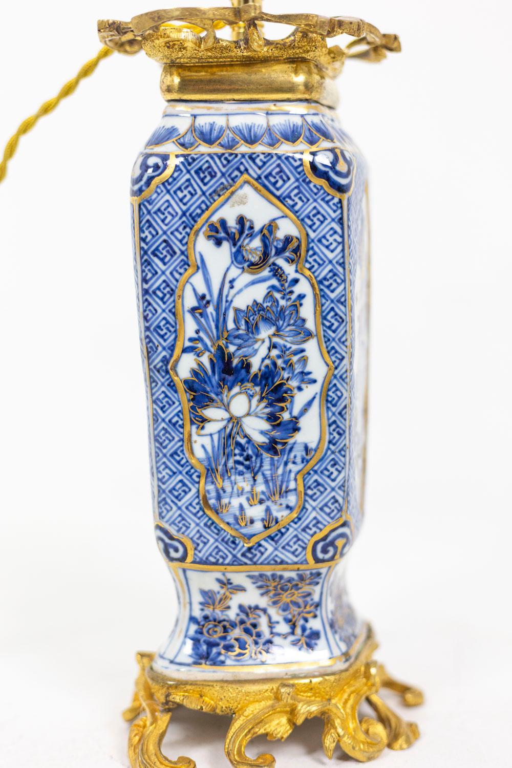 Pair of Lamps in Porcelain Blue White and Gilt Bronze, circa 1880 3