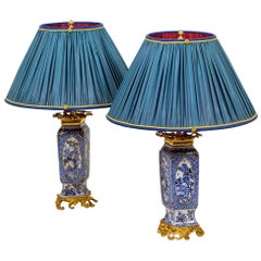 Pair of Lamps in Porcelain Blue White and Gilt Bronze, circa 1880