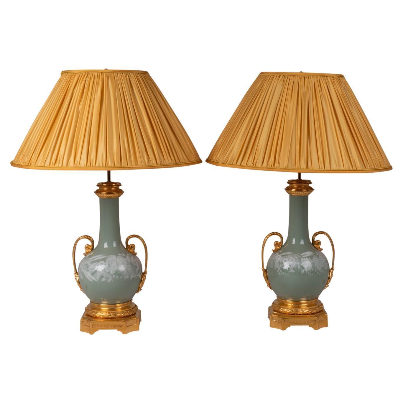 Pair of Lamps in Porcelain Celadon and Bronze, circa 1880 For Sale