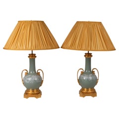 Pair of Lamps in Porcelain Celadon and Bronze, circa 1880