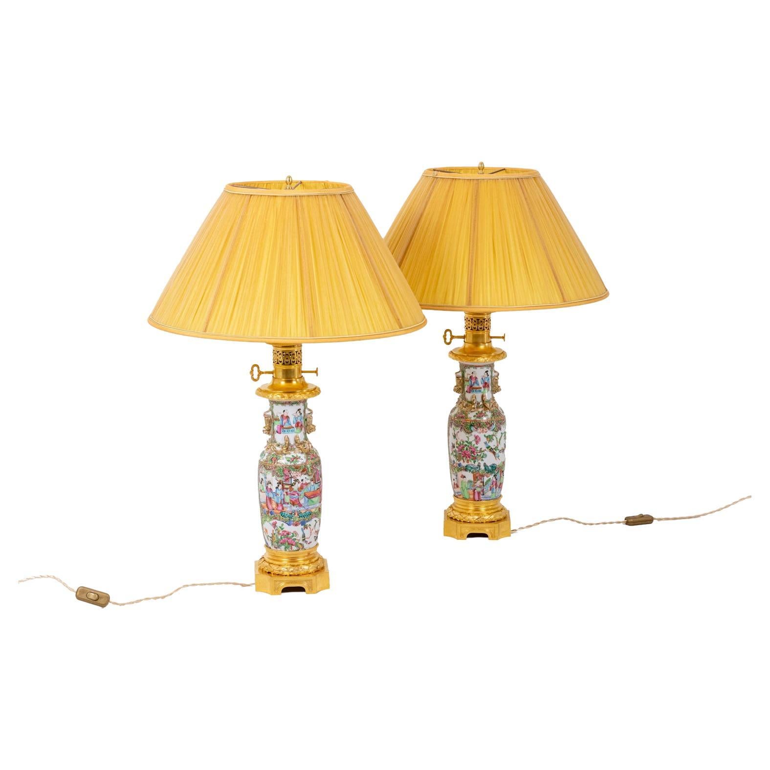 Pair of Lamps in Porcelain of Canton and Bronze, circa 1880