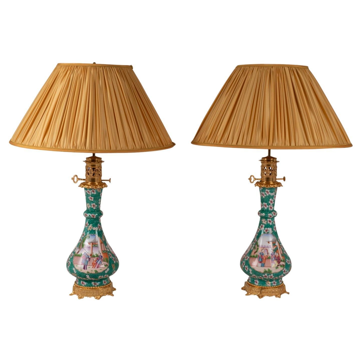 Paar Lampen aus Porzellan aus Kanton und Bronze, um 1880
