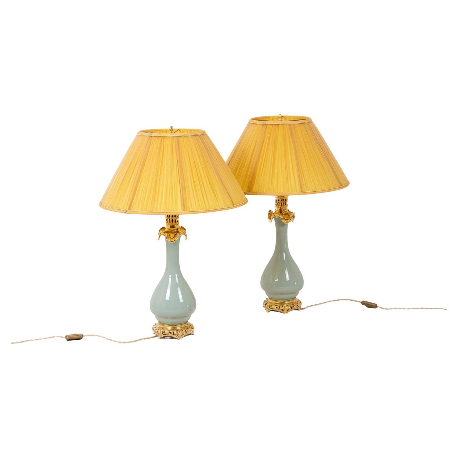 Pair of Lamps in Porcelain of Céladon and Bronze, circa 1880 For Sale