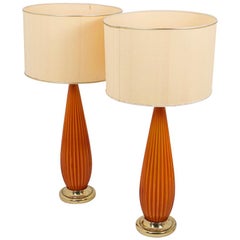 Pair of Lamps in Ribbed Glass and Gilt Brass, 1950s