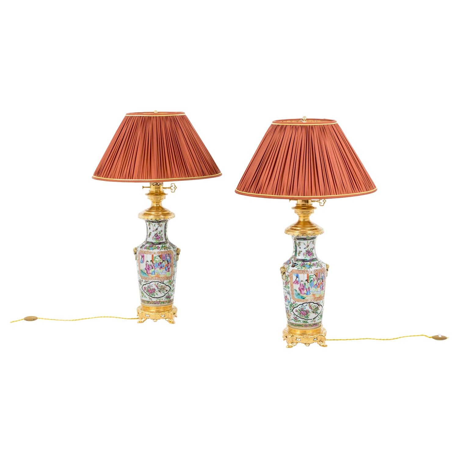 Pair of Lamps in Samson Porcelain and Gilt Bronze, circa 1880