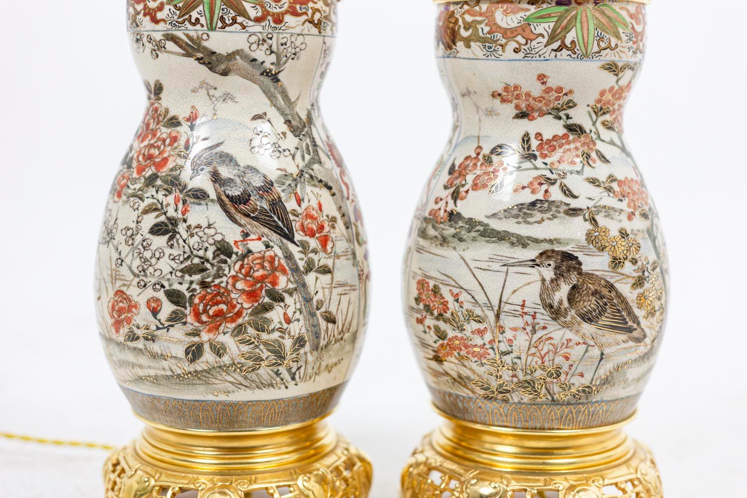 Japonisme Pair of Lamps in Satsuma Earthenware and Bronze, 19th Century