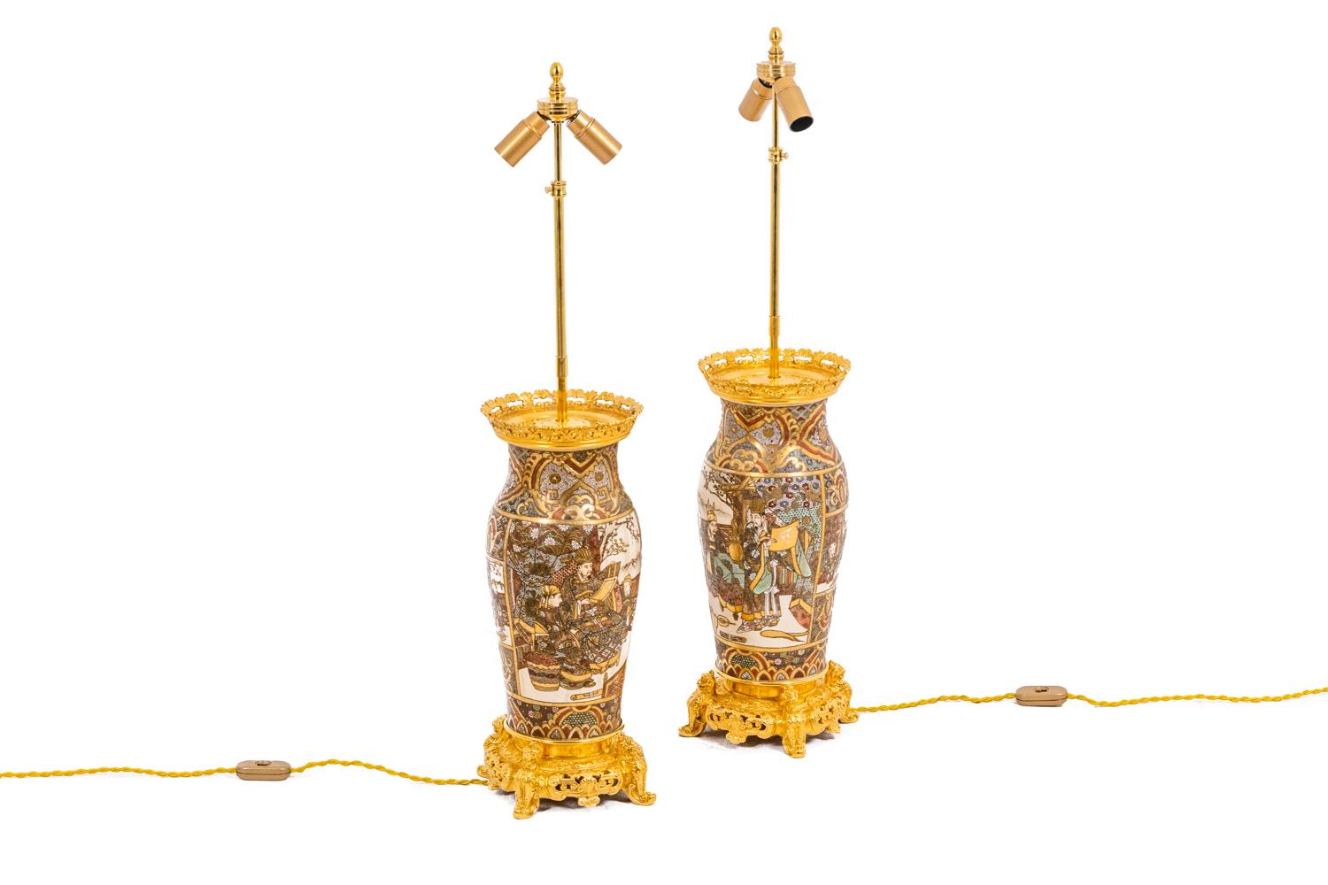 French Pair of Lamps in Satsuma Earthenware and Gilt Bronze, circa 1880 For Sale