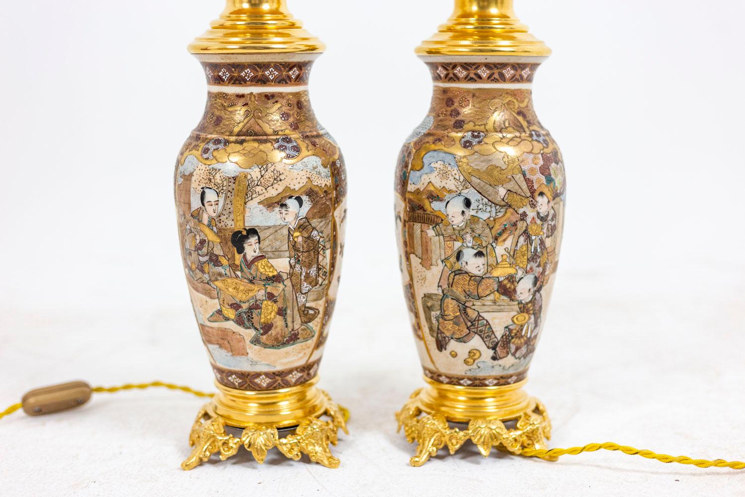Pair of Lamps in Satsuma Earthenware and Gilt Bronze, circa 1880 In Good Condition For Sale In Saint-Ouen, FR