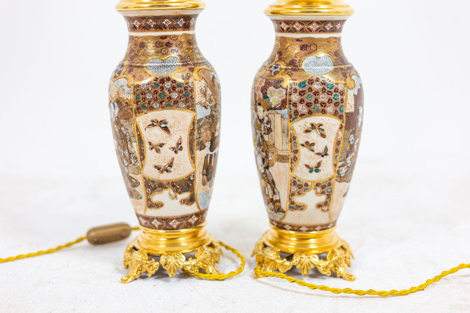 Late 19th Century Pair of Lamps in Satsuma Earthenware and Gilt Bronze, circa 1880 For Sale