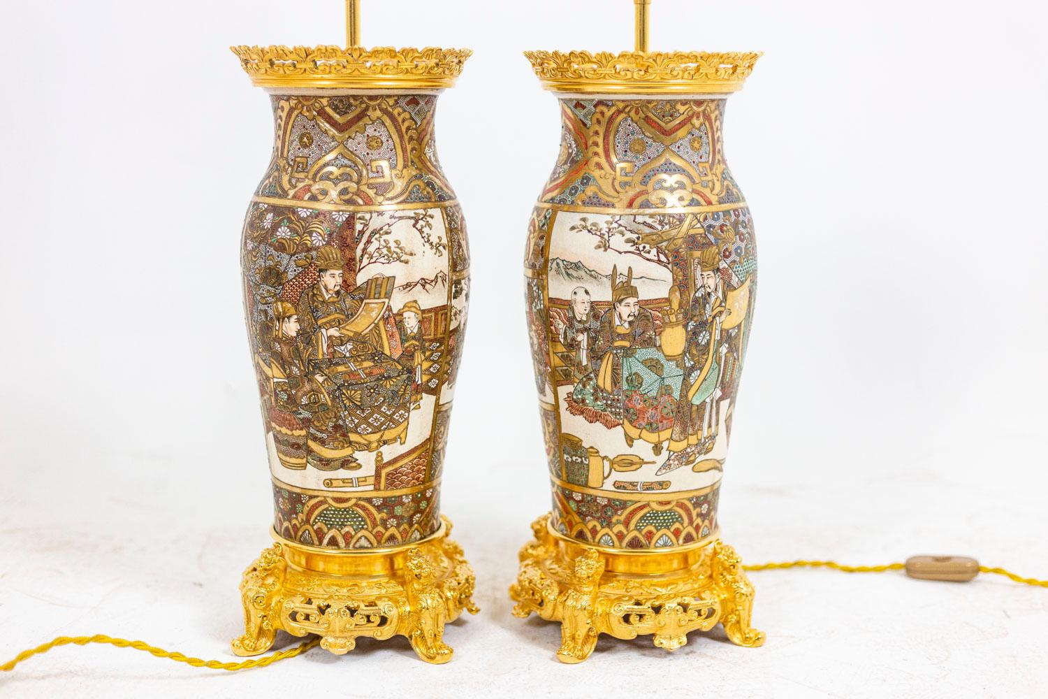 Late 19th Century Pair of Lamps in Satsuma Earthenware and Gilt Bronze, circa 1880 For Sale